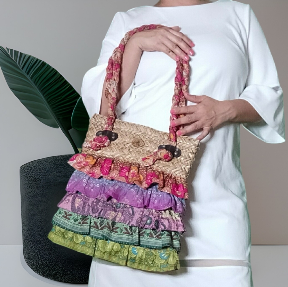 Cappelli Straworld Handbag Fabric Ruffled Multi Colored Purse